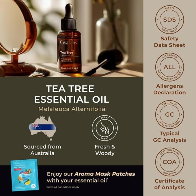 100% Pure Tea Tree Essential Oil - 1.02 Fl Oz - Tea Tree Oil for Hair, Skin, Diffuser, Aromatherapy & DIY Candle Making Scent