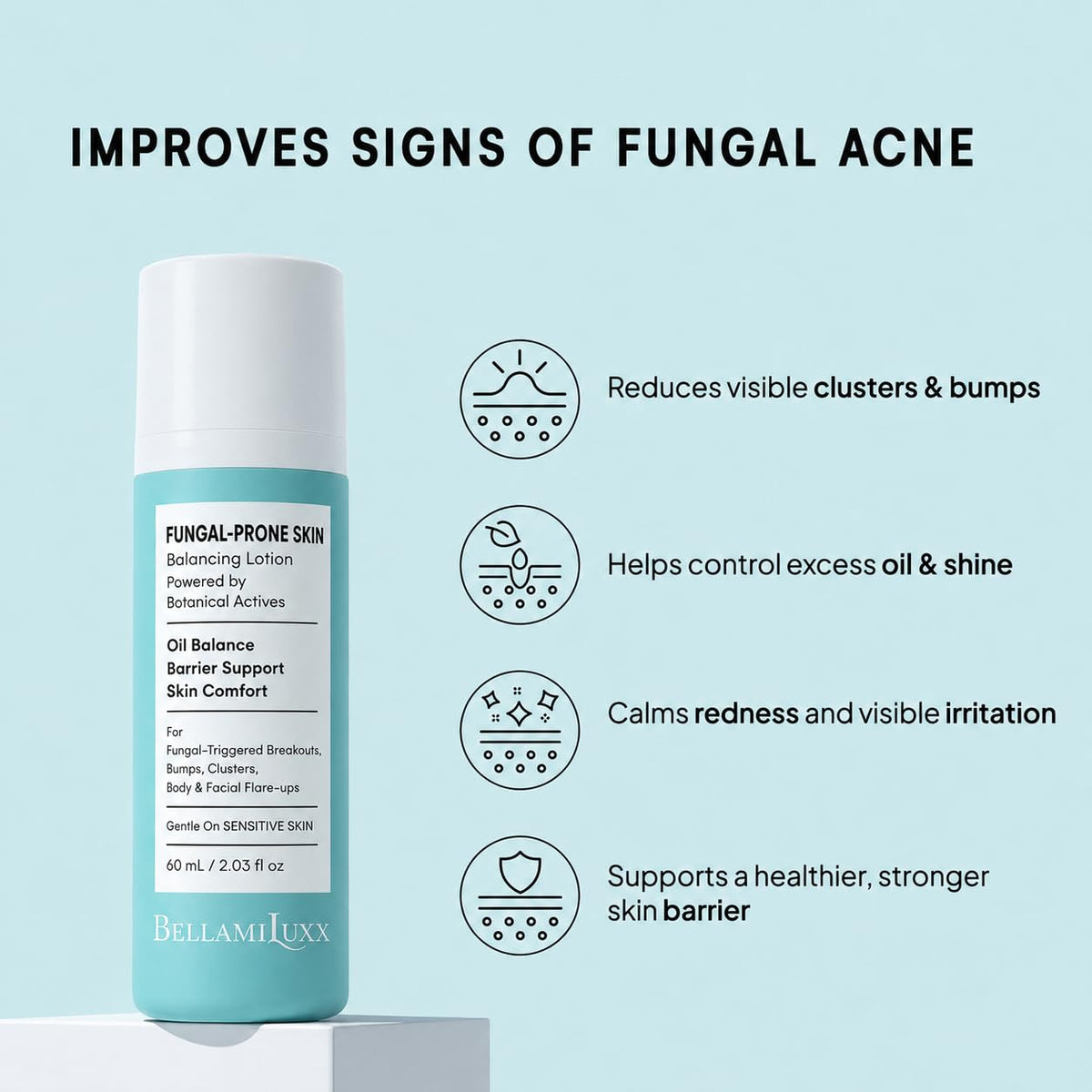 BellamiLuxx Fungal Acne Treatment Lotion: Effective Face & Body Pimple Cream for Bumps, Clusters, Itch & Redness – Fungal-Prone Skin Acne Treatment Moisturizer for Teens & Adults with Natural Actives