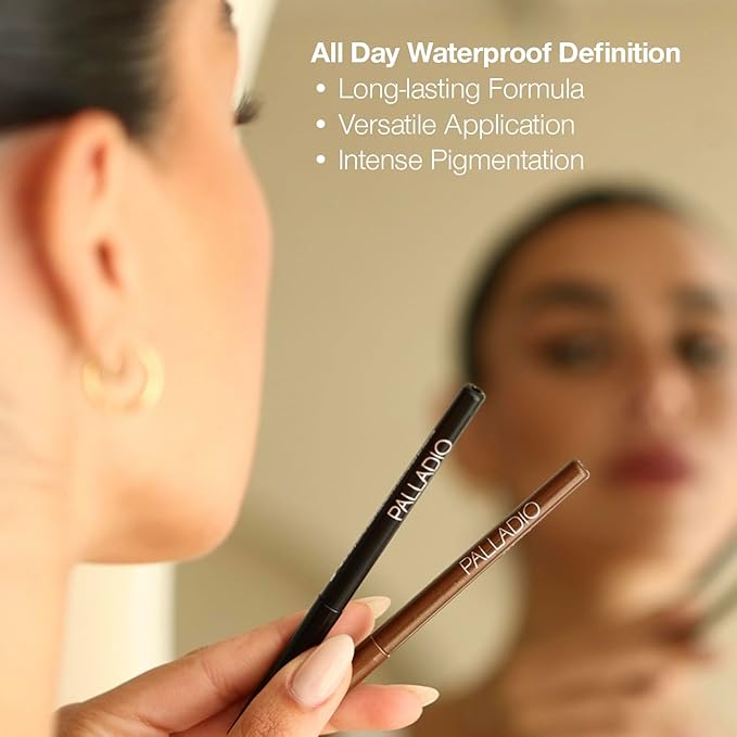 Palladio Retractable Waterproof Eyeliner, Richly Pigmented Color and Creamy, Slip Twist Up Pencil Eye Liner, Smudge Proof Long Lasting Application, All Day Wear, No Sharpener Required, Black Brown