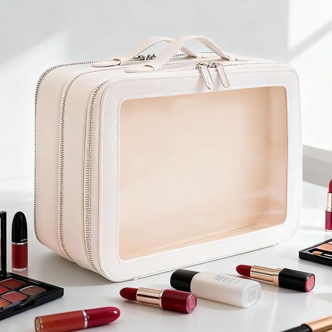 idoltimes Clear Makeup Bag,Large Toiletry Case for Women,PU Leather Travel Cosmetic Bag,Detachable Makeup Case,Double Compartment Make up Organizer