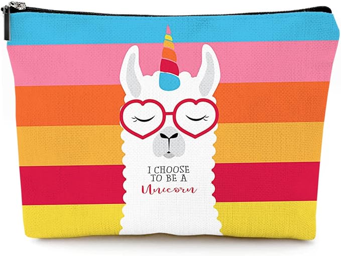 Givotin Cute Makeup Bag for Purse Canvas Waterproof Funny Cosmetic Bags for Women Zipper Travel Toiletry Pouch-Alpaca Makeup Bags-Rainbow