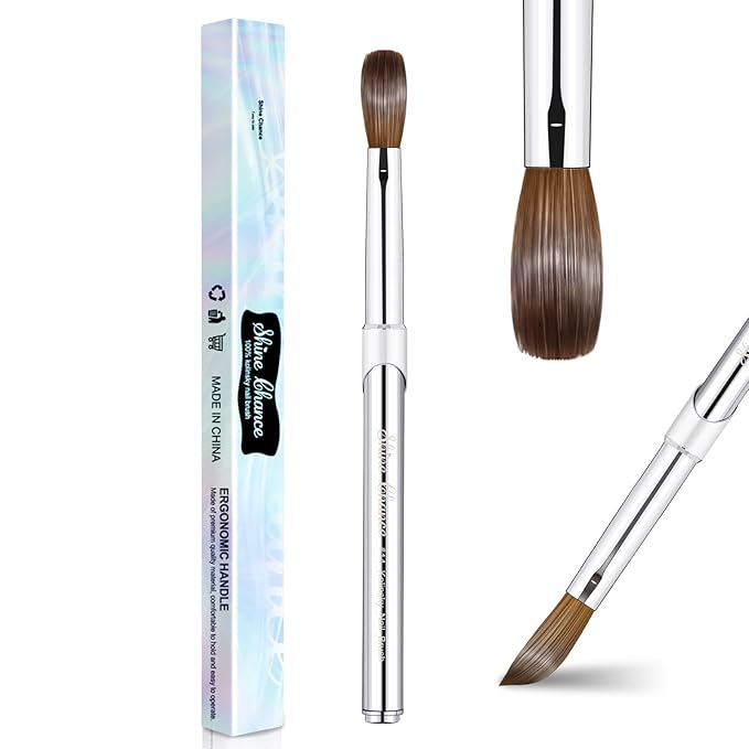 Shine Chance Acrylic Nail Art Brush Size 14, 100% Pure Kolinsky Hair Oval for Application, Professional Extension Manicure Tool Striping Drawing Pen DIY Home Salon, Silver, 1.0 Count