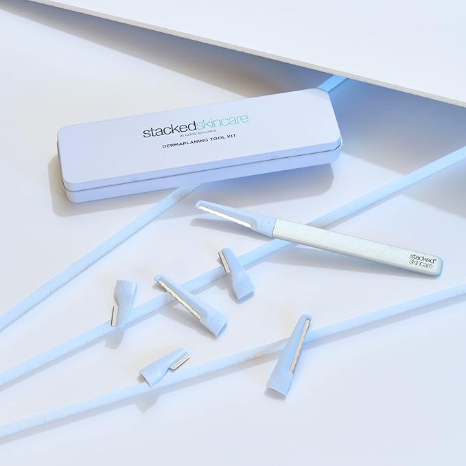 StackedSkincare Dermaplaning Kit for Face – At Home Exfoliation Tool with 3 Replacement Blades + 3 Precision Blades – Removes Dead Skin & Peach Fuzz for Smoother-Looking Skin