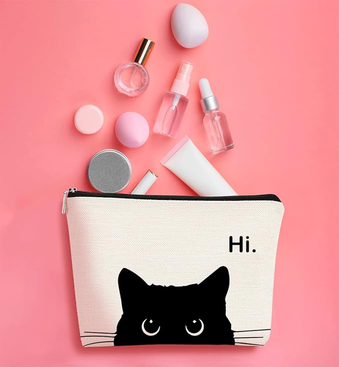 BARPERY Cute Cat Makeup Bag, Kitty Cosmetic Zipper Travel Toiletry Bag, Black Cat Gifts for Women & Teen Girls