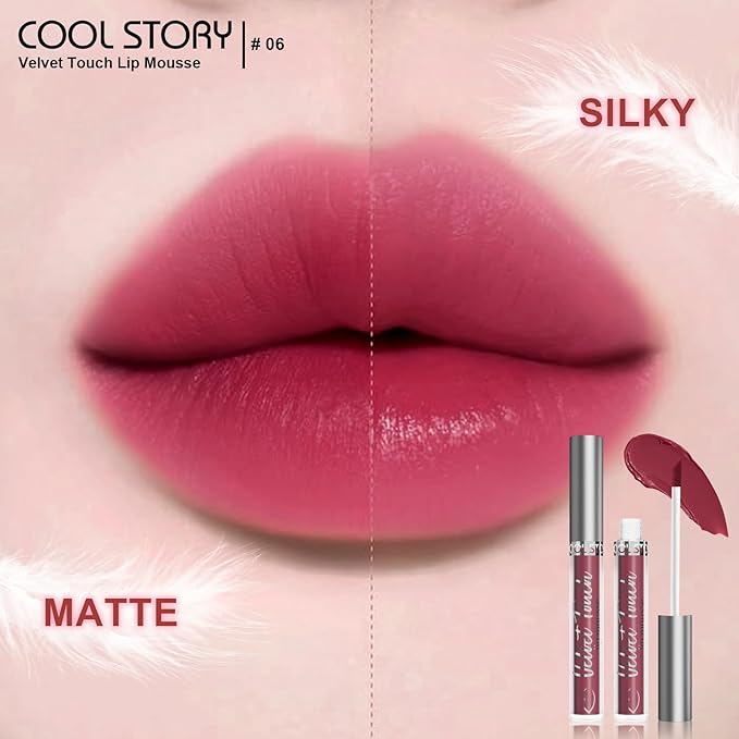 COOL STORY #06 Deep Rose Cherry Velvet Lip Mousse, Matte Lip Mud Lipstick, Smooth Easy‑Glide Lip Color, Waterproof Long Lasting Transfer‑Resistant Lip Gloss for Women Daily Makeup