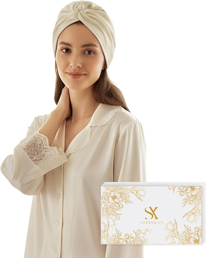 SYSERAN 100% Mulberry Silk Bonnet for Sleeping - Women Natural Curly Hair Night Cap Luxury Sleep Head Wrap with Elastic Band(Beige)