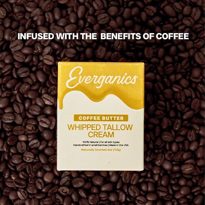 Everganics | Organic Coffee Butter Whipped Tallow Cream for Skin | Grass-Fed Beef Tallow Natural Moisturizer for Face & Body | Made in USA | 4 oz (Large Size)