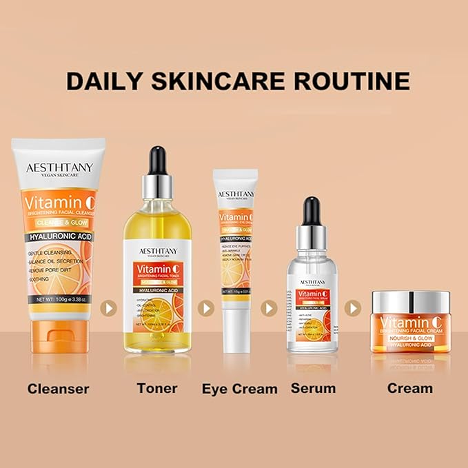 R RadiantRise Vitamin C Skin Care Set For Women, 5-In-1 Moisturizing Hyaluronic Acid Skin Care Routine with Facial Cleanser, Serum, Face Cream, Eye Cream, Toner