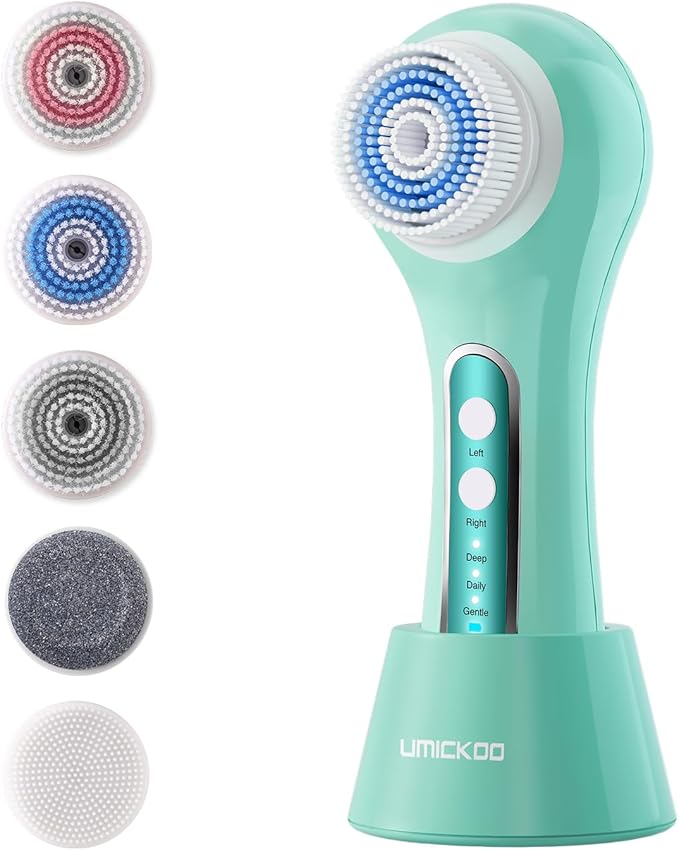 UMICKOO Electric Facial Cleansing Brush, 2-Way Rotating Face Scrubber for Daily & Deep Cleaning, 3 Modes, 5 Brush Heads, Rechargeable, IPX7 Waterproof for All Skin Types