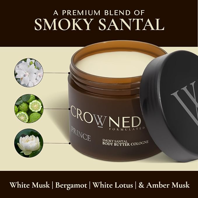 Crowned Skin Prince Body Butter Cologne for Men | Oceanic & Woody | As Seen On Shark Tank | Scented with White Musk & Bergamot | Infused with Natural Shea & Mango Butters | All-Day Fragrance | 4.4oz