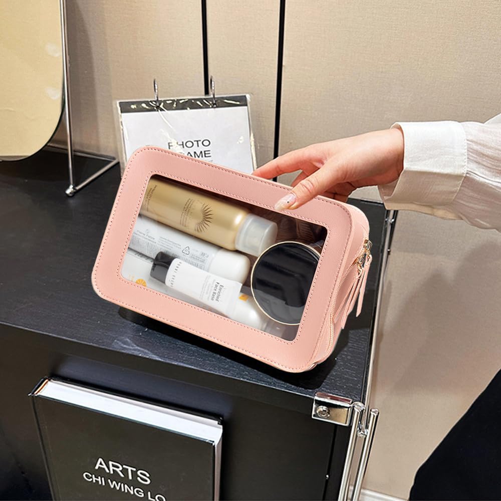 FFpaw Clear Makeup Bag, Pink Travel Makeup Pouch Toiletry Bag for Women Waterproof Small Cosmetic Bag Case Small Make Up Bag with Zipper Car Organizer Car Essentials for Women Men