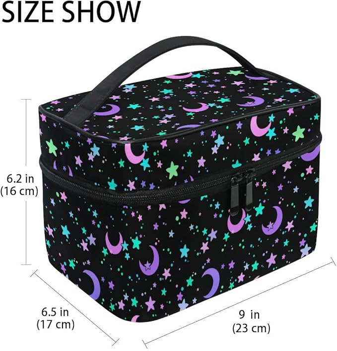 MNSRUU Makeup Bag, Crescents and Stars Makeup Organizer Bags Toiletry Bag Box Travel Cosmetic Bag Make Up Train Case for Women Teen Girl Ladies