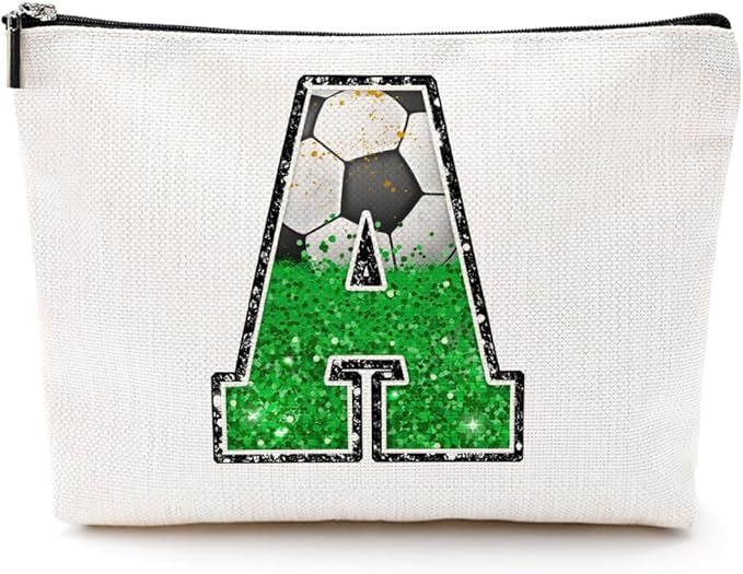 CQM Soccer Gifts Initial Makeup Bag Soccer Girl Gifts Cosmetic Bag Letter A