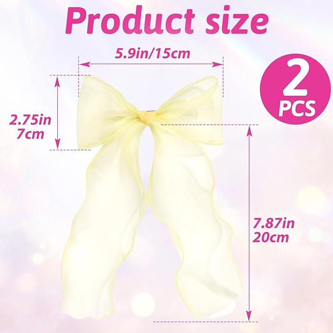SmallCat 2Pcs Large Hair Bow Clips, Yellow Silk Lace Ribbon Bow for Women, Elegant Long Tail Bowknot French Hair Styling Barrette for Wedding, Parties, Daily Use