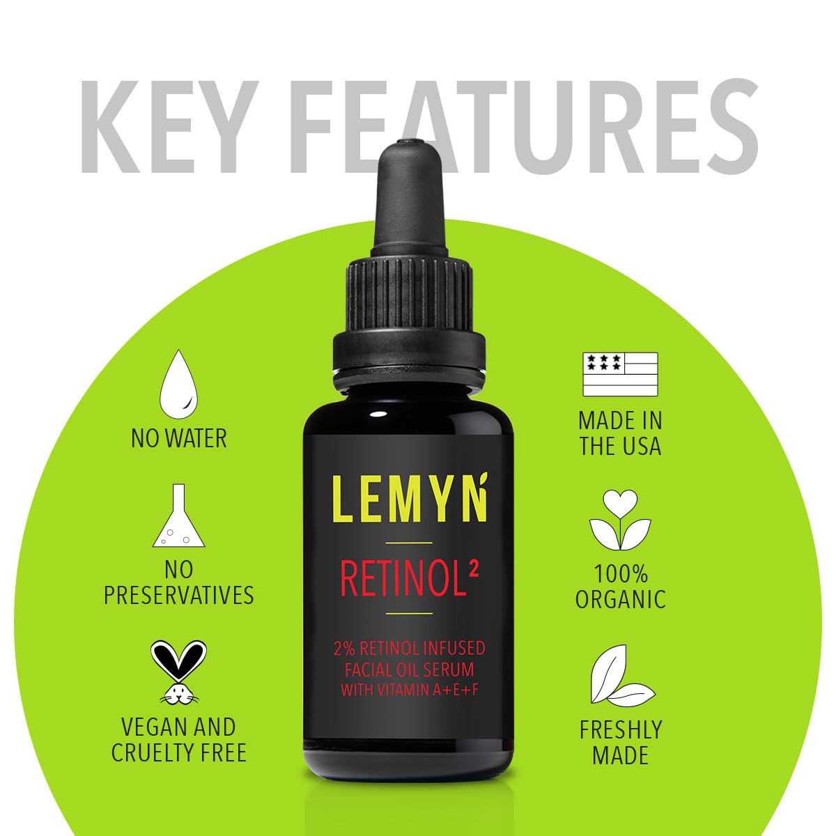 Lemyn Organics Retinol2 Facial Oil Serum with 2% Advanced Gentle Retinol, Vitamin A+E+F – Freshly Made Anti-Aging, Hydrating, and Firming Formula | 30ml