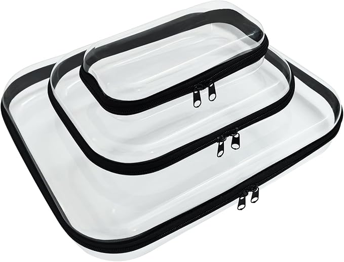 YOQIVEXU 3 Pcs Clear Hard Zipper Case, Hard Shell Plastic Clear Organizer Bag, Transparent Makeup Pouches, Portable Box for Travel Toiletries, Toy Storage Bins (Black, Multi)