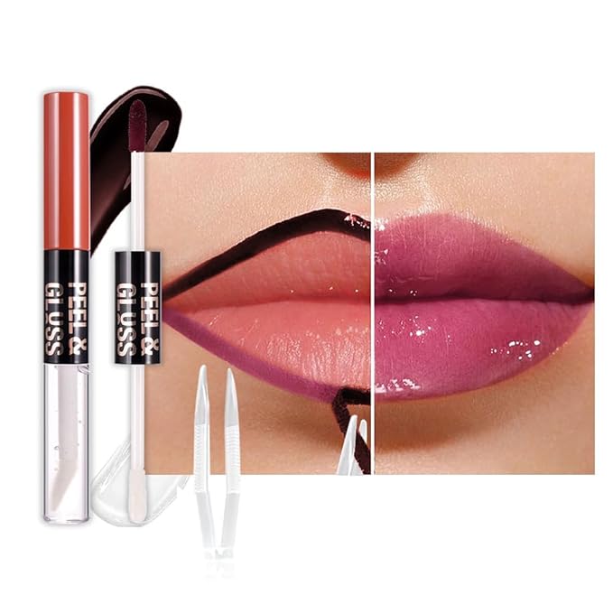 JUAAZIN Dark Raspberry Lip Stain Peel Off Lip liner and Lip oil with Tweezer, Dual-Ended Peel Off Lip Stain Tattoo, Highly Pigmented Long Lasting Waterproof, Transfer-proof for All Skin Types, 05#