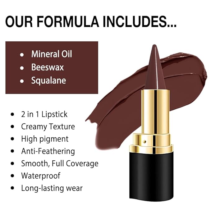 evpct Chestnut Maroon Gradient Matte Lipstick Crayon Lip Liner Pencil for Women, Dark Brown Cream Lip Combo Lipstick Long Lasting Waterproof for Flawless Contour Gradual Ombre Effect Lip Pencil Makeup