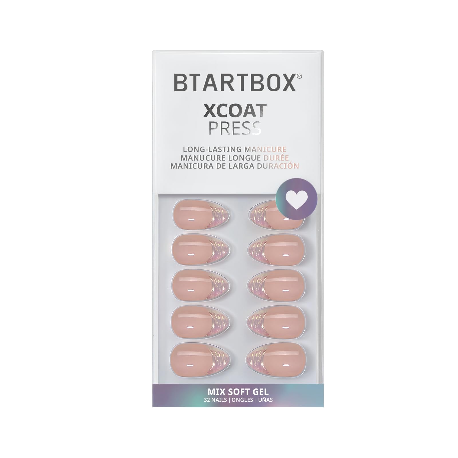 BTArtbox Press On Nails, Athena, Short Almond, Aurora French Tip, 32Ct
