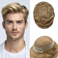 FACE MIRACLE Toupee for Men French Lace Hairpiece Human Hair Replacement System Skin PU Mens Toupee Hair Wigs for Man V-Looped Front 6"x8",#210 6"X8" #1B60 Off Black with 60% Gray-80% Light Density