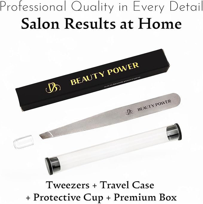 Beauty Power Tweezers for Women Facial Hair: Ultra Precision Tweezers for Women & Men, Sharp Slant Tweezer for Eyebrows, Ingrown Hair Removal. Professional Plucker + Case, German Stainless Steel Gray