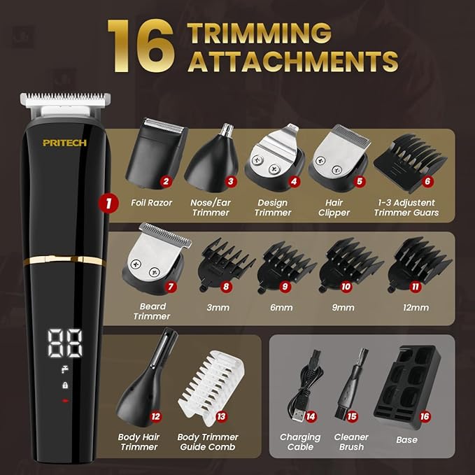 PRITECH Men's Grooming Kit, 6-in-1 Beard Trimmer & Hair Clipper, Cordless