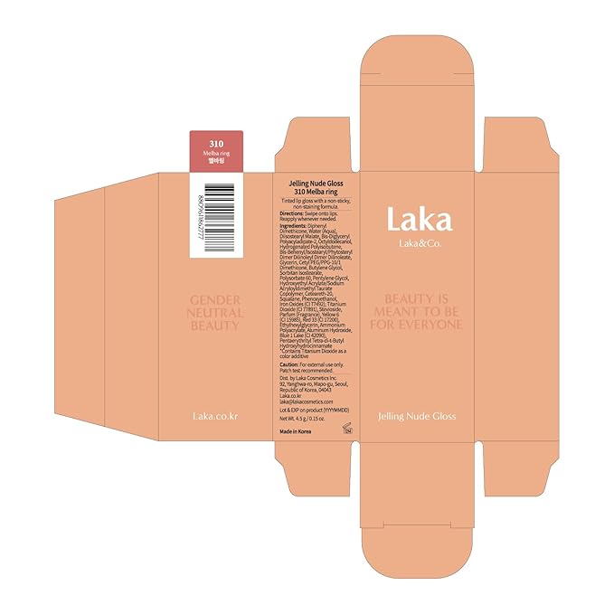 Laka Jelling Nude Gloss, 4.5g/0.15oz, Sheer Hydrating Lip Oil with No Stain, Non-Sticky, Nourishing Gloss for a Glowy Look, K-Beauty (#310 Melbaring)