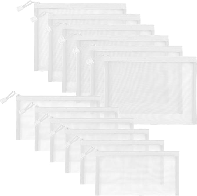 Sinzip 12 Pieces Zipper Nylon Mesh Pouch, Mesh Cosmetic Bags Makeup Bags Pencil Case, Multipurpose Travel Bags for Cosmetic School Office Supplies and Travel Accessories (White, A5+B6)