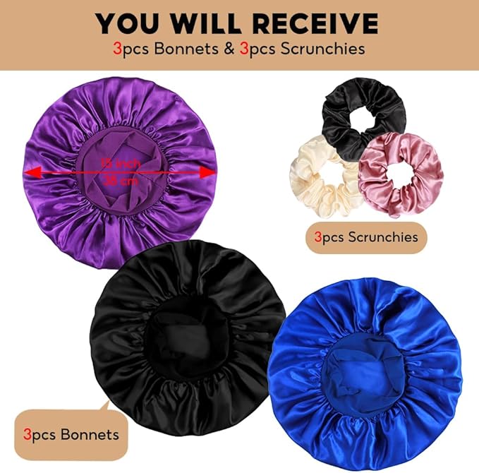3+3 Large Satin Bonnets with Scrunchies for Women, Wide Band Hair Bonnet for Sleeping Braids Curly Hair, C