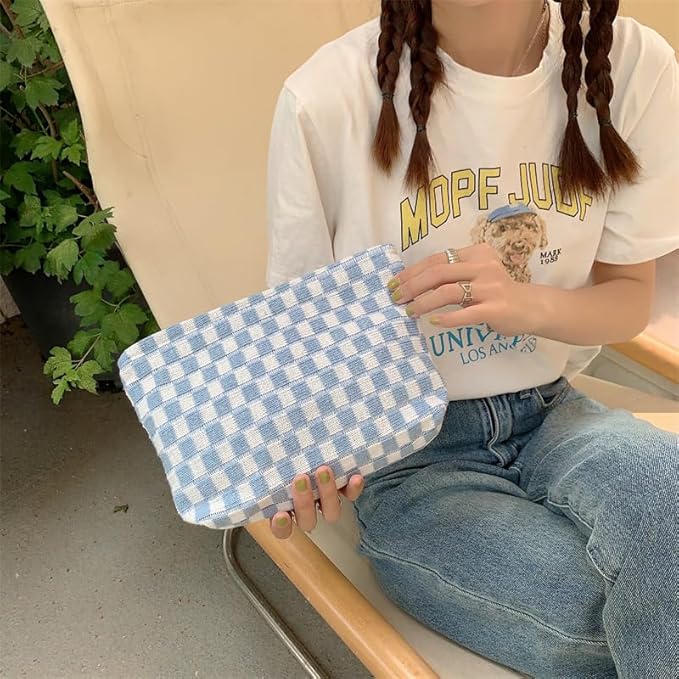 FFpaw 2 Pieces Makeup Bag Set, Small Blue Checkered Cosmetic Bag Travel Toiletry Organizer Mini Cosmetic Pouch Case Makeup Brushes Cute Quilted Aesthetic Accessories Storage Bag for Women