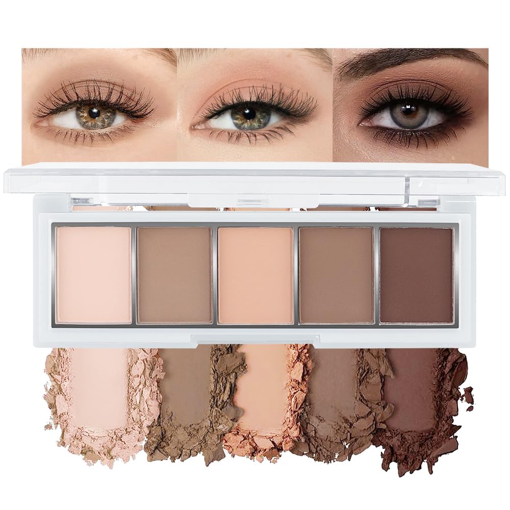 JUAAZIN 5 Colors Matte Eyeshadow Makeup Palette, 5 Natural Classic Nude Neutral Nude Brown Eyeshadow, Looks for Brown Eyes Women Finish Long Wearing Waterproof Professional Eye Makeup 01#