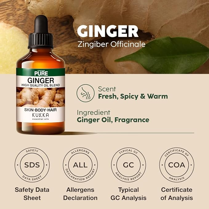 100% Pure Ginger Oil - 4 Fl Oz Ginger Essential Oil for Hair, Skin, Diffuser, Aromatherapy & DIY Soap Making Scent