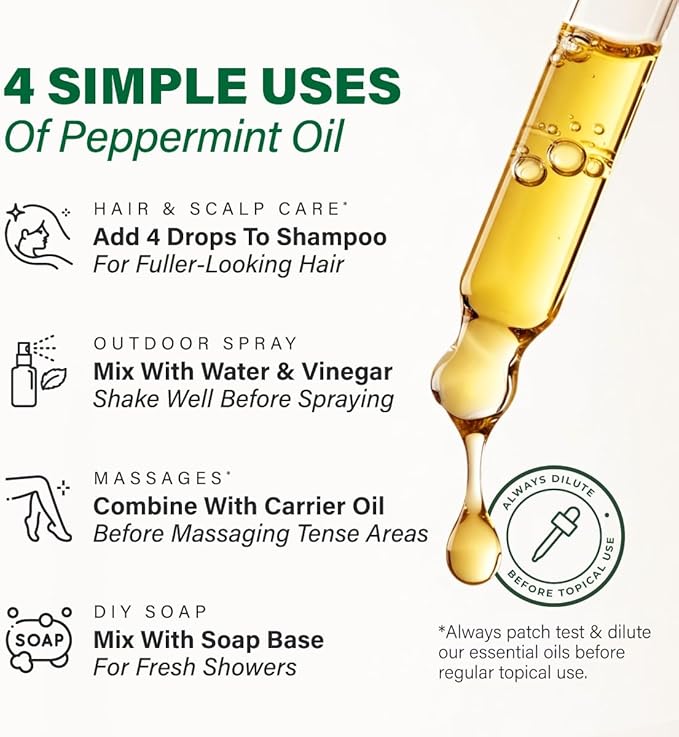 100% Pure Peppermint Oil - 4 Fl Oz Peppermint Essential Oil for Hair, Skin, Diffuser, Aromatherapy & DIY Soap Making Scent