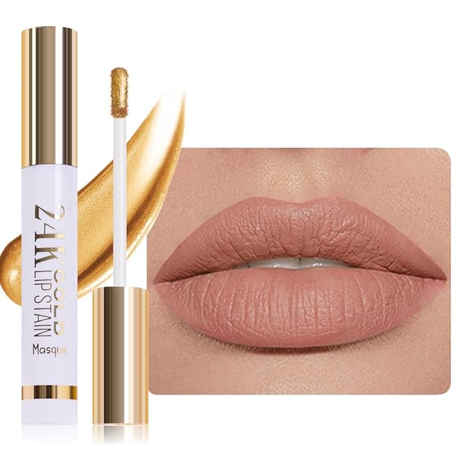 JUAAZIN All Day Lip Stain Peel Off Gold Liquid Lip Gloss Tattoo, Light Brown Matte Finish Peel Off Lip Stain Masque, Long Lasting Waterproof Lip Tint, Transfer-proof for All Skin Types 01#