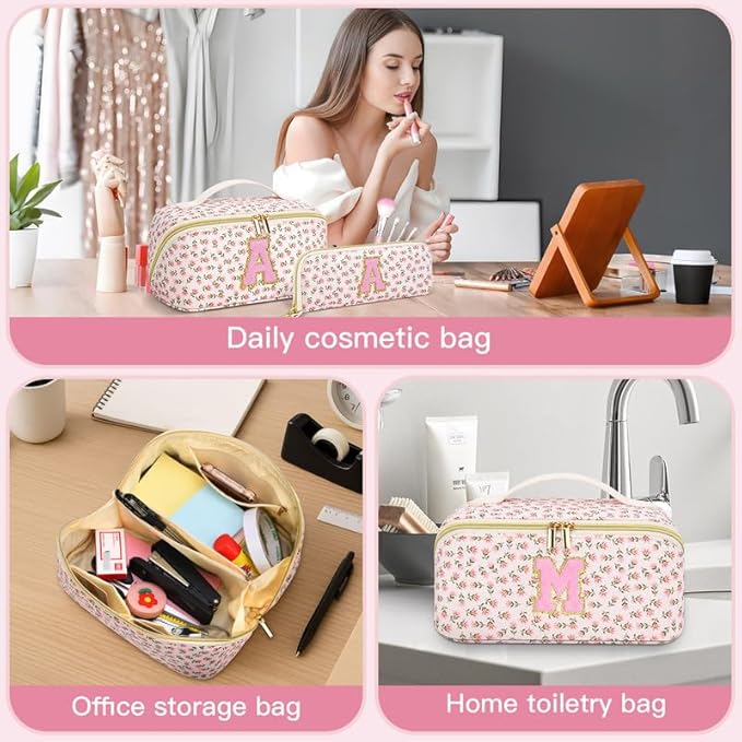 Personalized Travel Makeup Bag Set,Initial Travel Cute Floral Makeup Organizer Bag,Toiletry Skincare Cosmetic Bag,Christmas Gifts for Women/Girls,Open Flat Toiletry Pouch with Brush Pocket-R