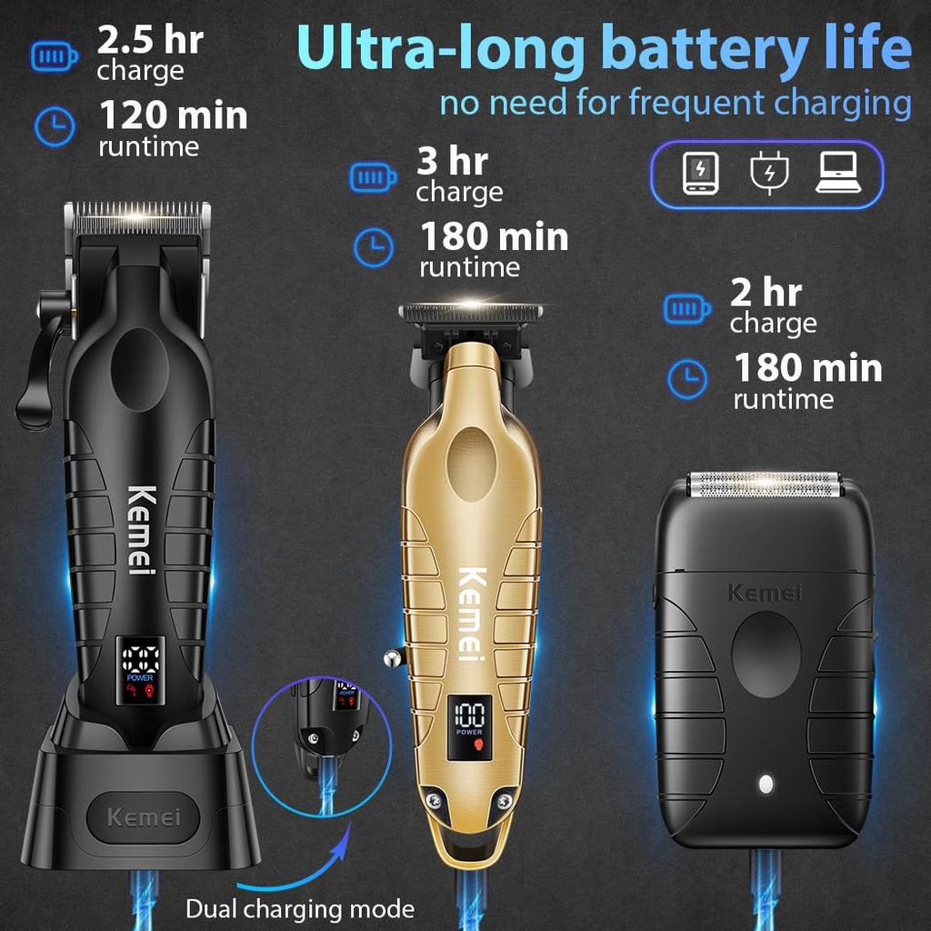 KEMEI KM-2293 3-Piece Cordless Barber Kit with Foil Shaver, Gold
