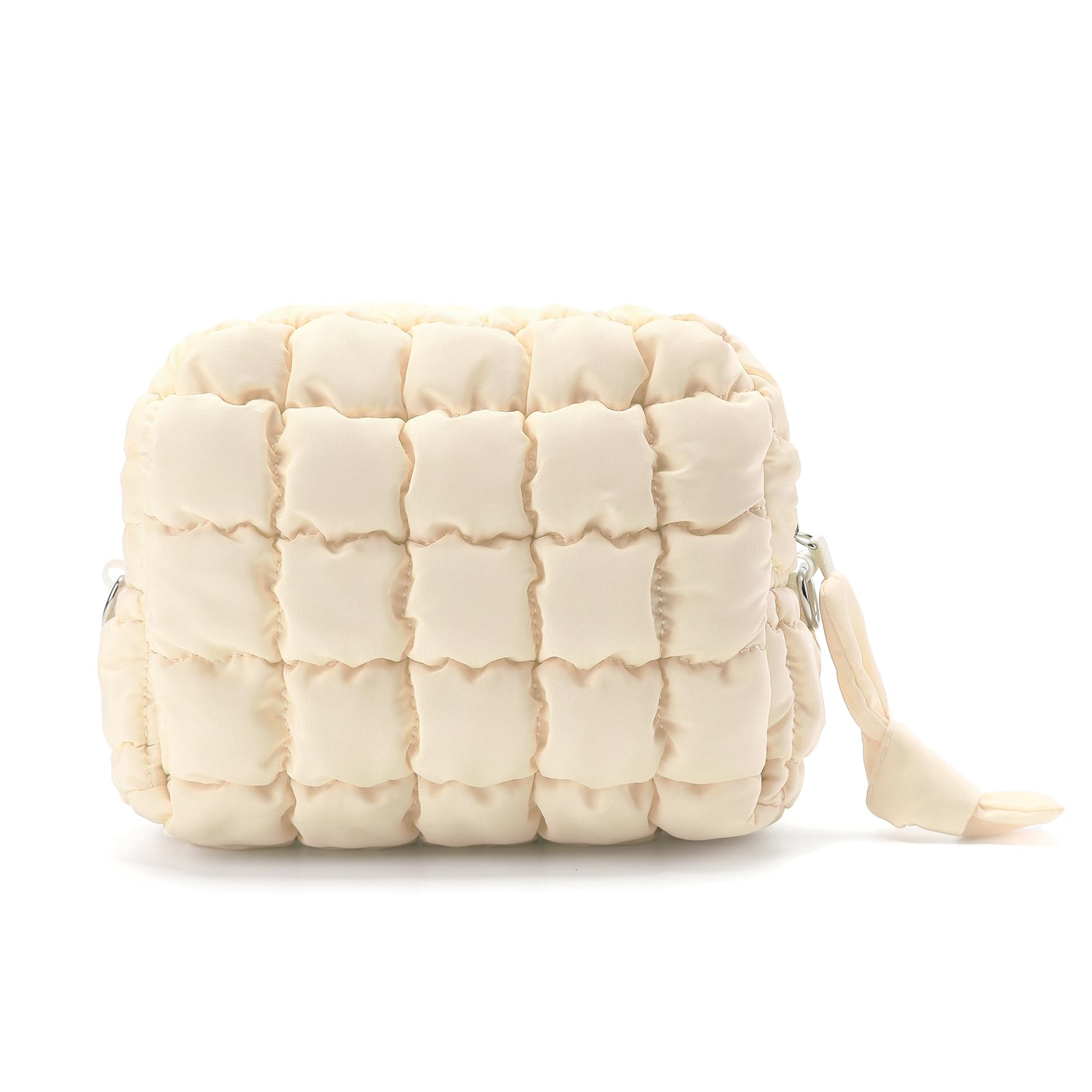 FDINF Puffy Quilted Makeup Bag Small Puffer Bag Cosmetic Bags Travel Toiletry Purse for Women, Cute Organizer Pouch, Beige