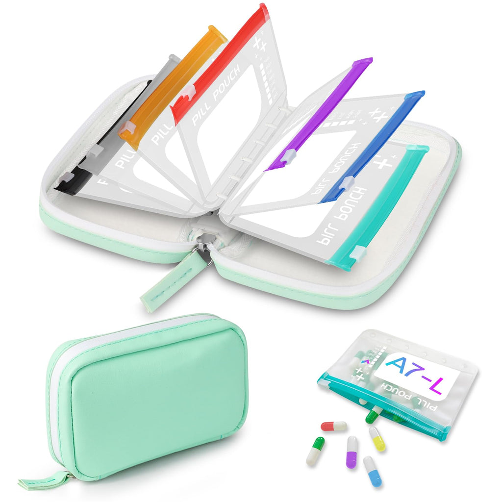 Timueetech A7 Waterproof Pill Organizer with 7 PCS L Size Zippered Pill Pouches for A7 Binder, Large BPA-Free Weekly Medicine Organizer, Color-Coded Reusable Travel Pill Storage System