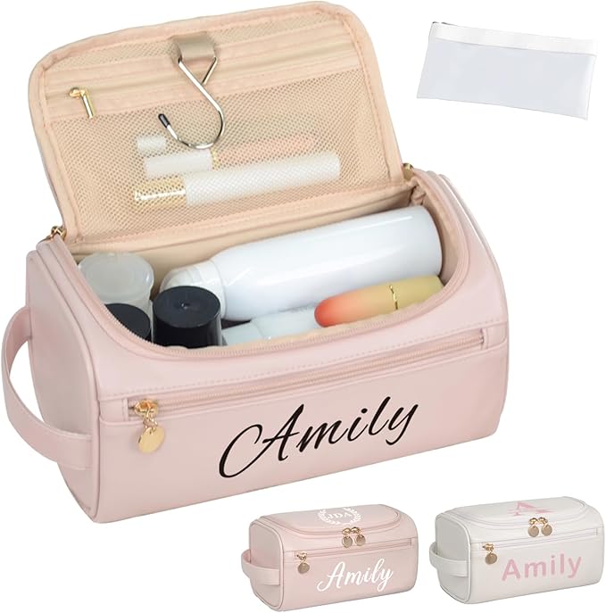 Dazurea Personalized Makeup Bag for Women, Printed Initials Name Cosmetic Bag with Handle, Customized PU Leather Travel Toiletry Bag for Girls, Gifts for Bridesmaid, Daughter, Wife, Mothers Day