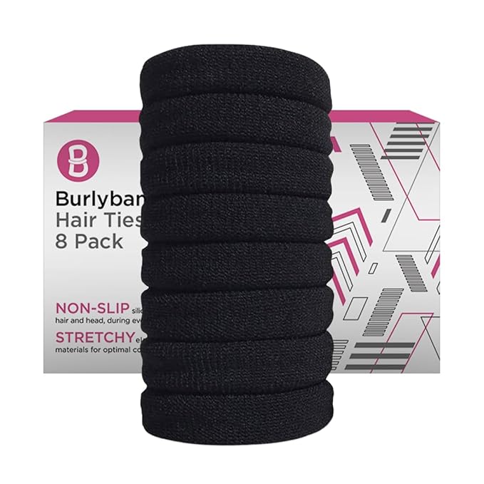 Burlybands Elastic Hair Ties No Damage for Thick Heavy Hair, Black 8 Pack
