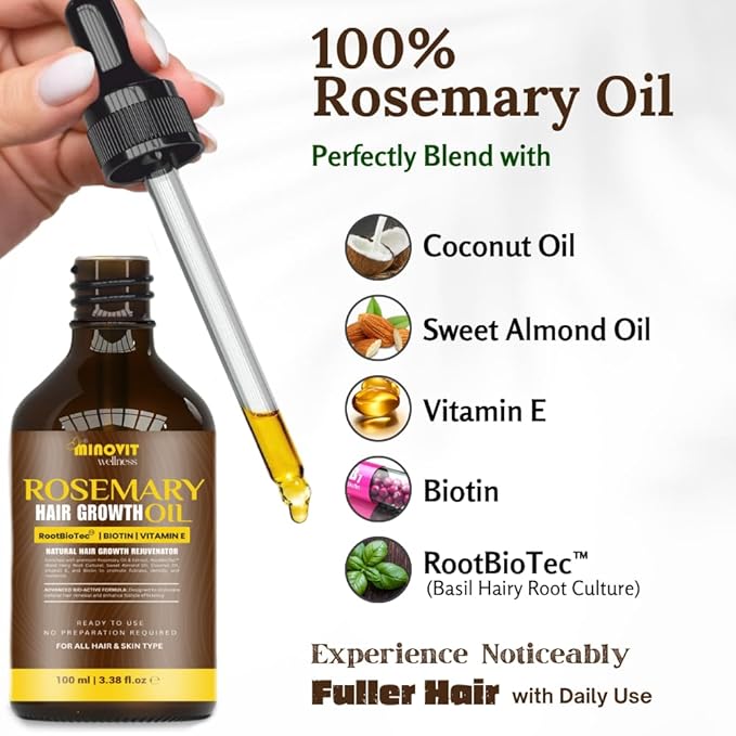 Gutaderme Rosemary Oil For Hair Growth (3.4 Fl Oz) Infused With Biotin, Vitamin E, Almond Oil & Coconut - Hair Strengthening, Nourishing & Volumizing