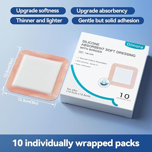Dimora Silicone Super Absorbent Wound Dressings - Gentle Adhesive Bandages with Ultrasorb Polymer,Heavy Exudate Wound Care Pads 5"X 5" 10 Count