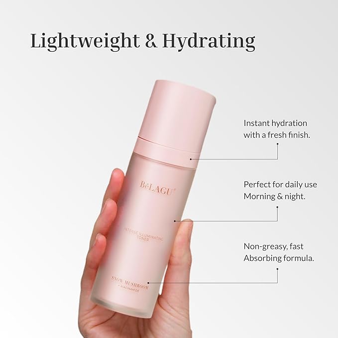 BeLAGU Intense Illuminating Toner - Hydrating Face Toner with Niacinamide & Snow Mushroom - Water-Based Moisturizing Facial Liquid that Helps Retain Natural Moisture and Refresh Skin - 3.4 fl Oz