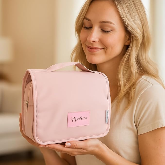 Personalized Vegan Leather Travel Toiletry Bag for Women, Water Resistant Hanging Toiletry Organizer with Hook, Custom Name Gift, Bridesmaid Wedding Travel Gift, Birthday Gift for Her, Mothers day