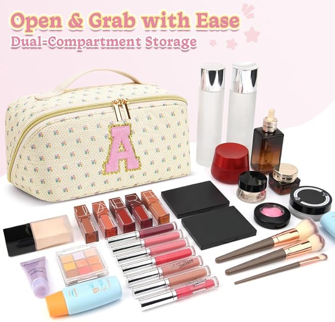 Personalized Travel Makeup Bag Set,Initial Travel Cute Floral Makeup Organizer Bag,Toiletry Skincare Cosmetic Bag,Christmas Gifts for Women/Girls,Open Flat Toiletry Pouch with Brush Pocket-V