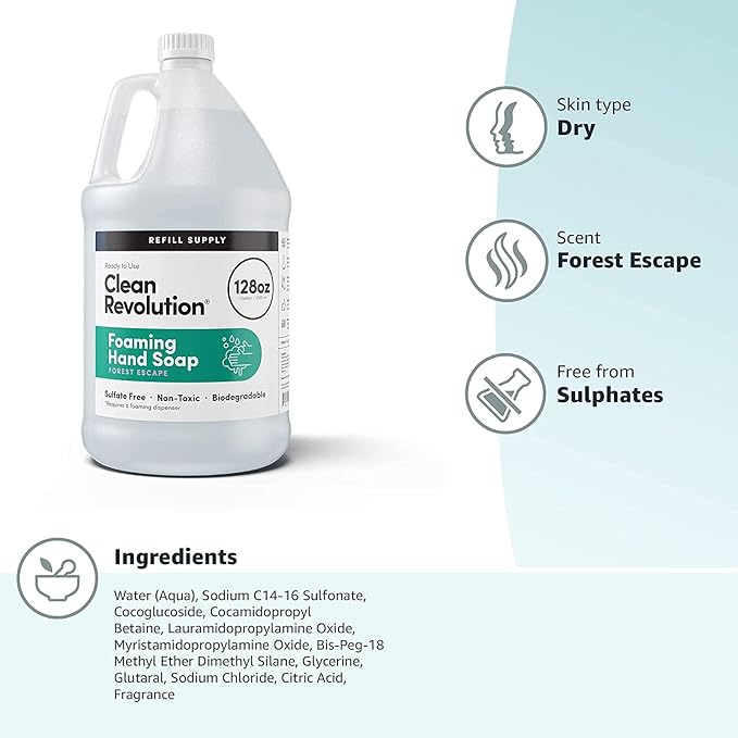 Clean Revolution Foaming Hand Soap Refill with Real Essential Oils, Moisturizing Sulfate-Free Hand Soap, Ready-to-Use Foam Soap Refill for Kitchen & Bathroom (Forest Escape, 128oz)