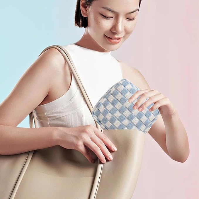 FFpaw Small Blue Makeup Bag for Purse, Mini Checkered Cosmetic Bag Zipper Cute Make Up Pouch Travel Toiletry Case Quilted Aesthetic Accessories Makeup Storage Bag Organizer for Women