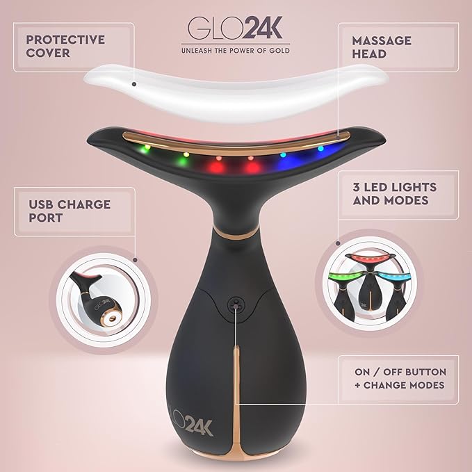 GLO24K LED Facial Massager for Face & Neck – Beauty Wand with LED Light, Vibration & Gentle Warmth – Cosmetic Skincare Tool for Daily Self-Care