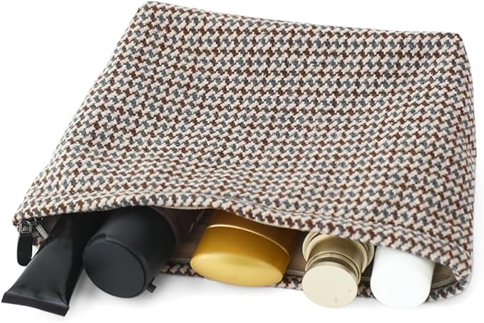 BBORGDC Large Capacity Plaid Tweed Makeup Bag - Travel Cosmetic Pouch & Toiletry Organizer with Zipper, Cloth Make Up Organizer for Daily Use, Gift for Women