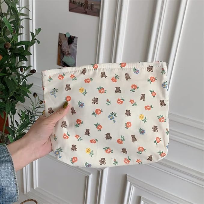 Flat Makeup Bag for Women,Zipper Cosmetic Pouch for Purse,Flower Bear White